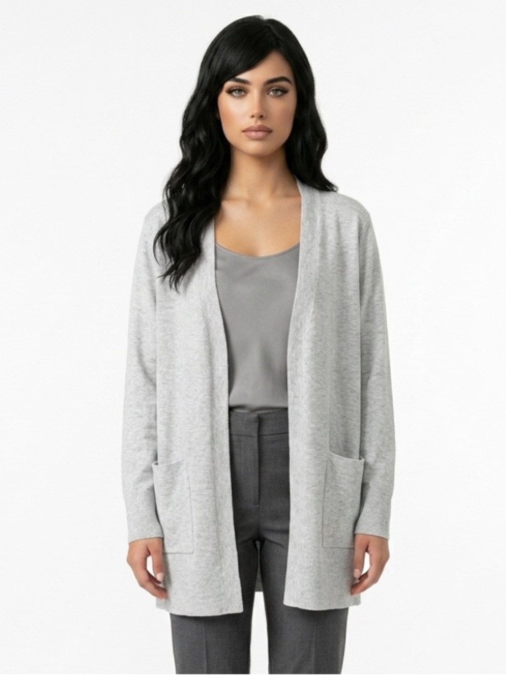 Lafayette 148 New york 1X Light Gray Open-Front Cardigan with Pockets .